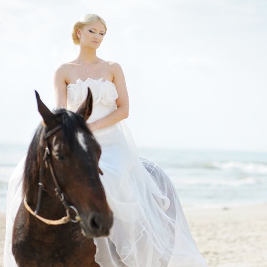 A
                        bride, wearing a strapless wedding gown, on
                        horseback with a beach and the sea in the
                        background