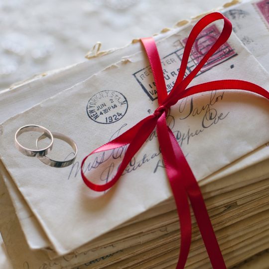 Wedding
                    rings on a stack of love letters tied up with red
                    ribbon