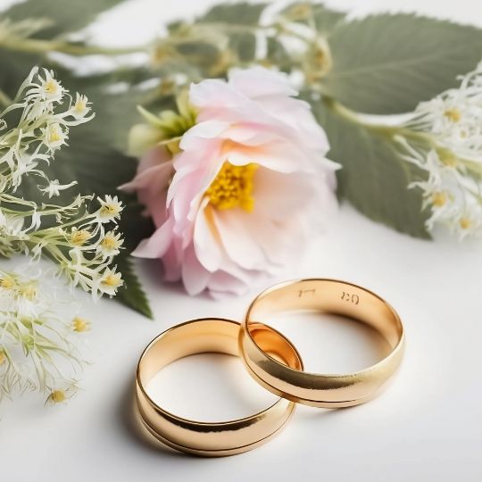 two gold wedding rings with a casual
                        bouquet of flowers