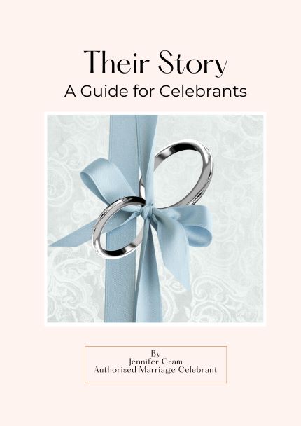 Their Story.
                        Cover of the book by Jennifer Cram, Marriage
                        Celebrant. Two silver wedding rings on blue
                        ribbon