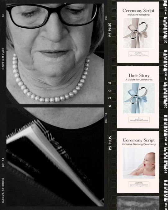 Jennifer Cram, Brisbane Marriage Celebrant with
                  the covers of three PDF Masterclass books - Ceremony
                  Script: Inclusive Wedding, Their Story: A Guide for
                  Celebrants, and Ceremony Script: Inclusive Naming
                  Ceremony