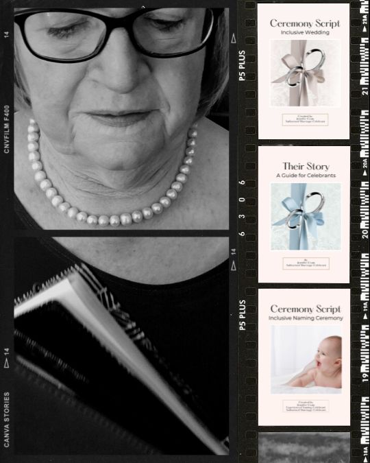 Jennifer Cram, Brisbane Marriage Celebrant with
                  the covers of three PDF Masterclass books - Ceremony
                  Script: Inclusive Wedding, Their Story: A Guide for
                  Celebrants, and Ceremony Script: Inclusive Naming
                  Ceremony