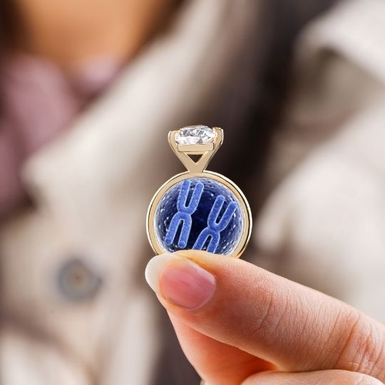 Bride holding up an engagement ring with
                        two chromesomes displayed