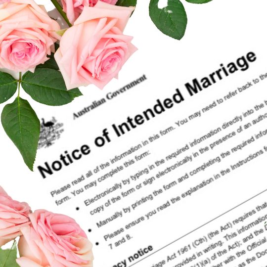 First page of
                      the Notice of Intended Marriage with pink roses
                      lying on it.