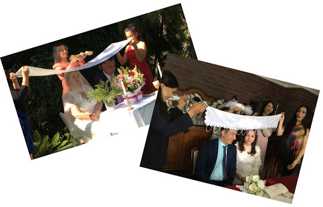 Persian sugar ceremonies - two photographs of
                      couples under the cloth having sugar sprinkled on
                      them
