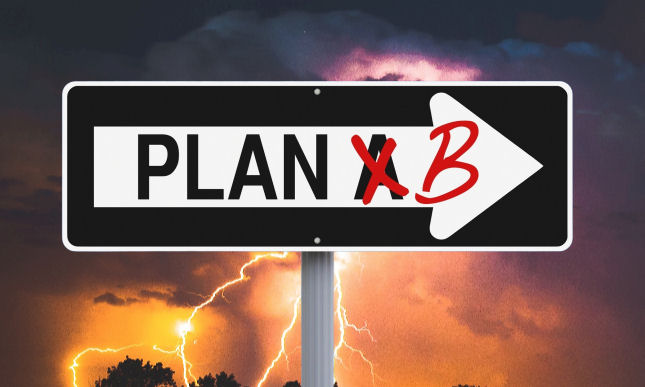 Plan B sign against stormy sky with lightning