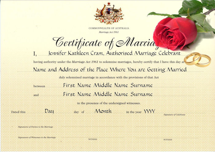 The Marriage Certificate presented to
                        marrying couples by the authorised celebrant,
                        with a red rose and gold rings