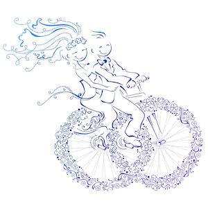 Line drawing of bride
                        and groom on a floral tandem bicycle