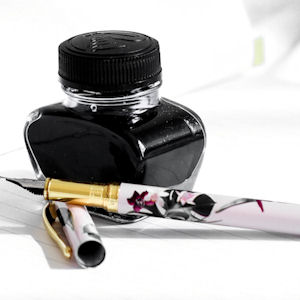 Fountain pen with bottle of black ink