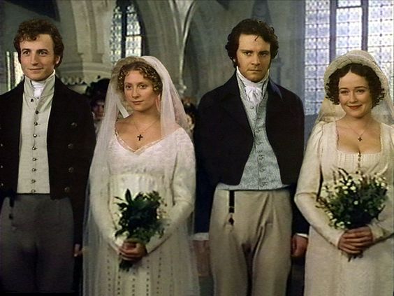 The Darcys and the
                        Bingleys standing at the altar for their double
                        wedding in the movie Pride and Prejudice