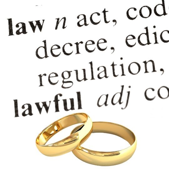 Dictionary page with definitions of law and
                    lawful plus two gold wedding rings