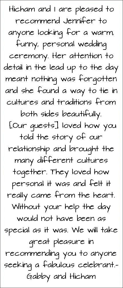 Testimonial re multicultural fusion wedding
officiated by Jennifer Cram
