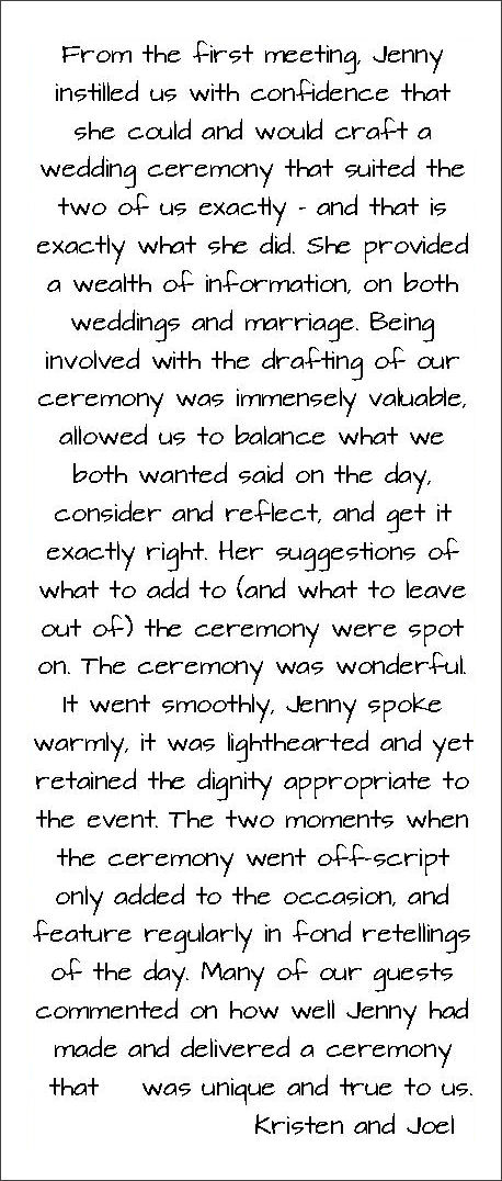 Testimonial for Jennifer Cram, Brisbane Marriage
Celebrant