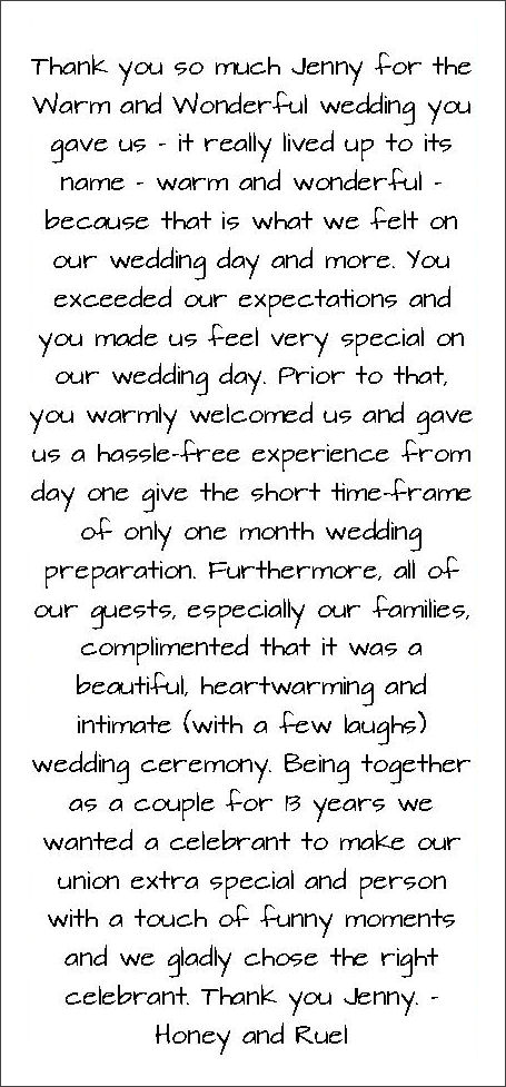 Testimonial about Jennifer Cram, Brisbane
Marriage Celebrant