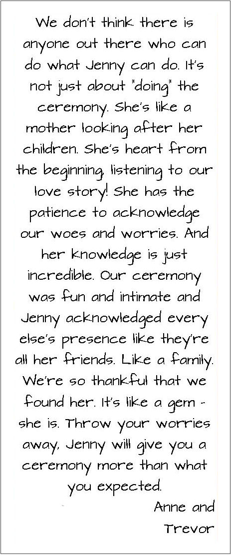 Testimonial about Jennifer Cram, Brisbane
Marriage Celebrant