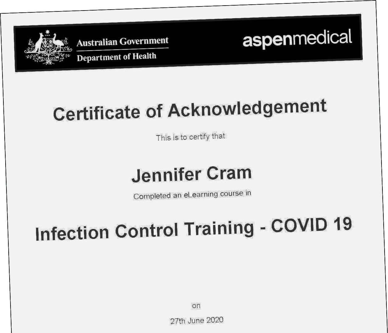Certificate of Acknowledgement - Infection
                  Control Training - COVID 19