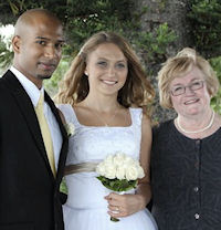 Anban and Sabina with Brisbane Marriage
                    Celebrant, Jennifer Cram, after their wedding at
                    Newstead Park