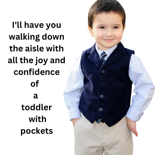 Smiling young
                    child wearing a white shirt, navy vest, and stone
                    pants with his hands in the pockets.